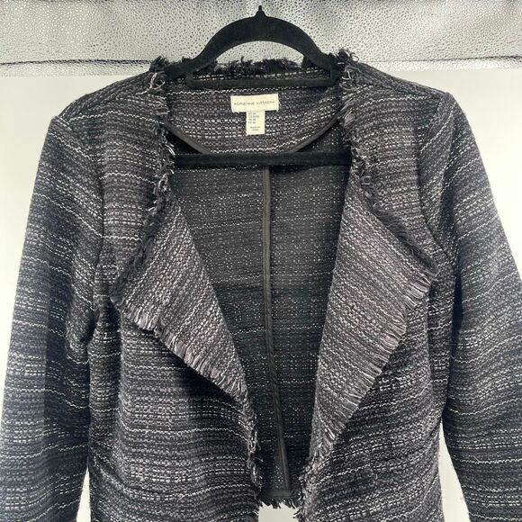 Adrienne Vittadini Women’s Medium Black White Open Front Tweed Fringe Blazer - Picture 3 of 14